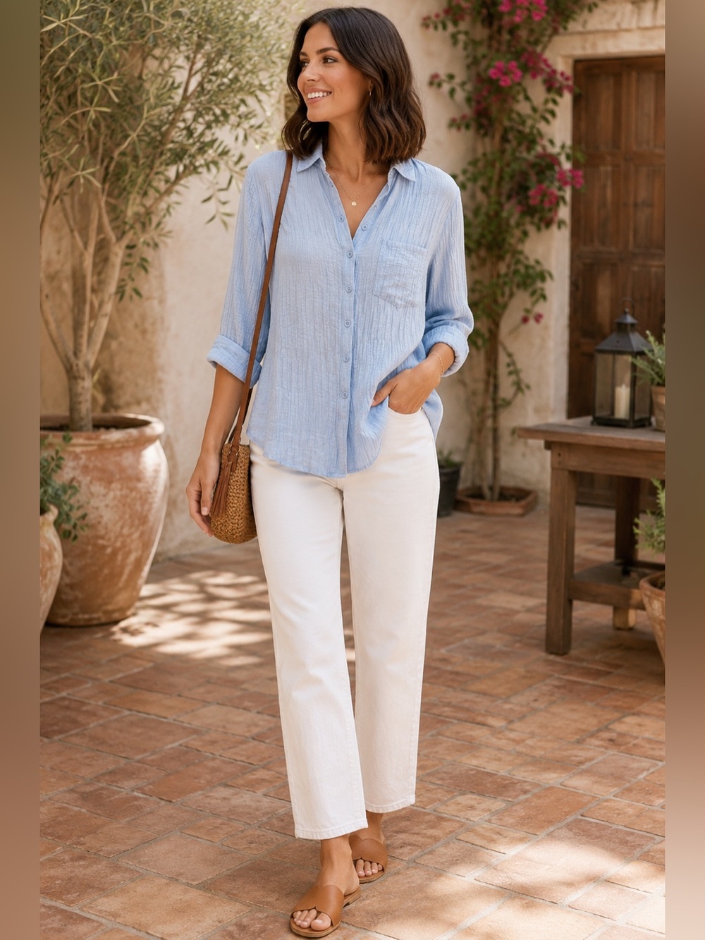 Lulus Blue Textured Crinkle Button Front  Shirt  M Coastal Grandma Minimalist